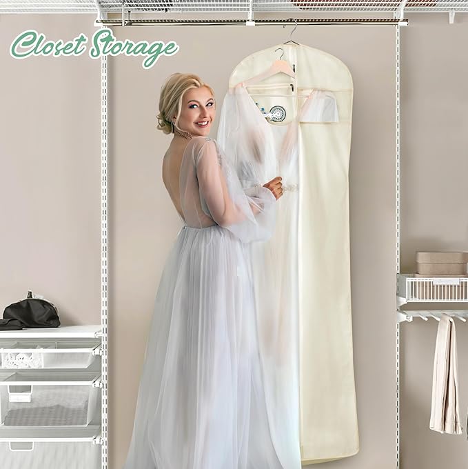 MISSLO 70" Bridal Wedding Gown Dress Garment Bag with Accessories Pouch Large Travel Garment Cover 8" Gusset (Beige)