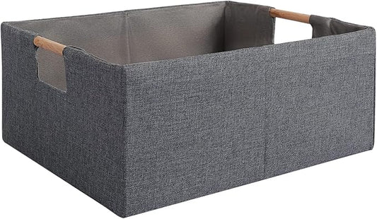 Fabric Storage Bin Box Foldable Collapsible Storage Basket with Wooden Handles Rectangular Cube Decorative Home Nursery Organizer Clothes Blanket Container – Grey, Medium