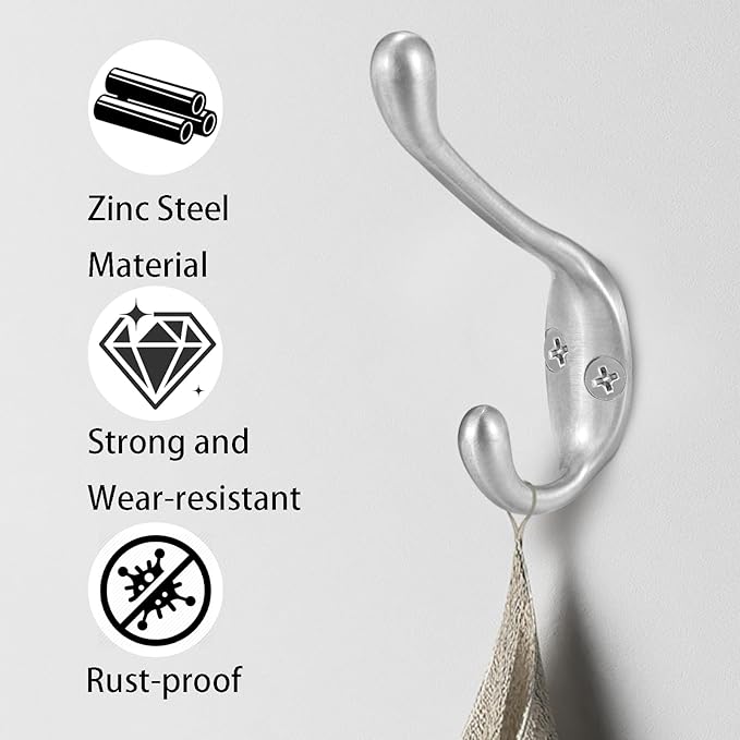 Jukzi Coat Hooks 5 Pack-Heavy Duty Wall Mounted Brushed Nickel Door Hooks Double Prong Hooks for Hanging Clothes/Towels/Key-Suitable for Bedroom/Bathroom/Entryway