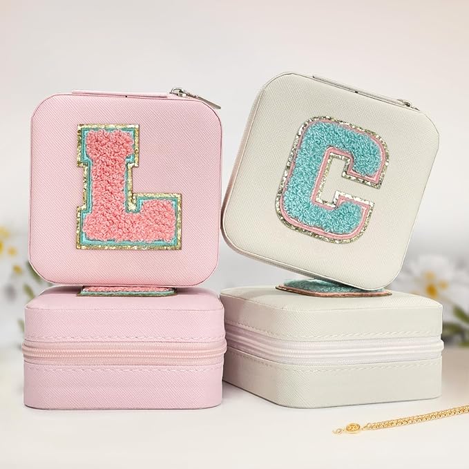 SANDJEST Personalized Jewelry Box, Pink Travel Jewelry Box with Initial L, Small Monogrammed Jewelry Case Organizer for Girls Women Teen Kids, Mini Travel Essentials Gifts for Birthday Christmas