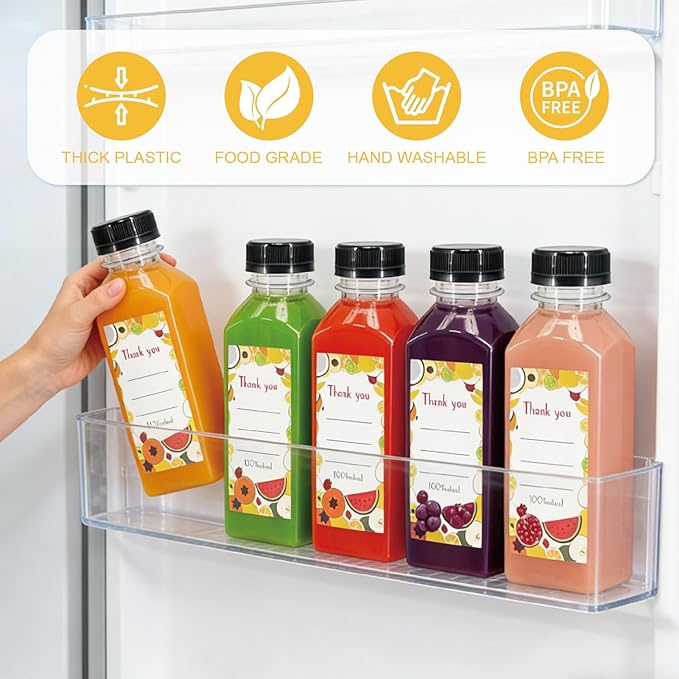 48 Pack 12oz Clear Reusable Plastic Juice Bottles with Caps, Food Grade BPA-Free Leak Proof Juicing Containers with 48 Labels & brush& Silicone Funnels for Homemade Juice, Smoothies & Travel