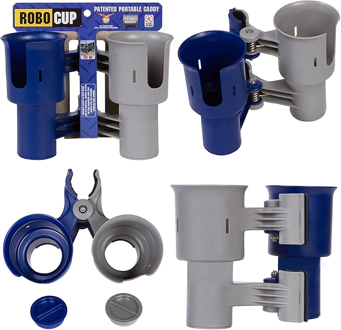 ROBOCUP, (Navy&Gray), Patented Clamp On Boat Cup Holder |Multifunction Dual Drink Caddy for Fishing Poles, Tools, Net, Gaff |Portable Storage for Boating, Beach, Umbrellas, Golf Carts, Strollers