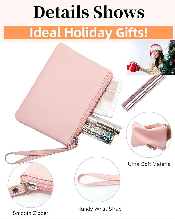 2 Pack Small Zipper Pouch Mini Makeup Bag for Purse Lipstick Cosmetic Travel Make Up Organizer for Women Essentials Feminine Products, Car Change Coin Holder 8x5 Phone Wristlet Wallet, White, Pink