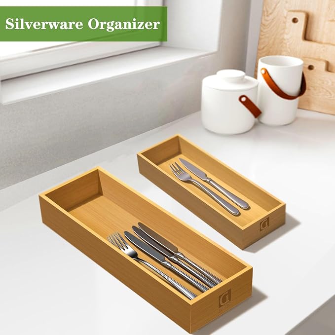 Bamboo Drawer Silverware Organizer, Flatware Organizer, Bamboo Storage Box for Office, Bathroom and other objects storage (large14.2 x5 x2 Small 9.85"x3.55"x1.78"- Set of 4)