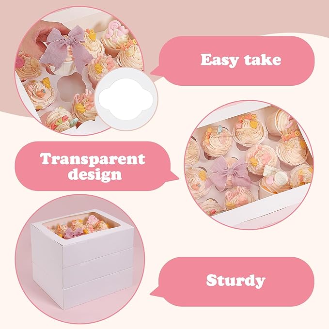 Moretoes 7 Pack Auto-popup Cupcake Boxes,12 Cupcake Containers, Bakery Carrier Boxes with Windows and Inserts for Grad Party Dessert Packaging (White)