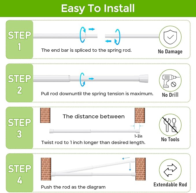 2 Pack Spring Tension Rods 33-59 Inches Adjustable White No Drill Spring Loaded Curtain Rod Small Short Tension Curtain Rod Expandable Tension Rod for Windows,Kitchen,Doorway,Bathroom,Cupboard Bars