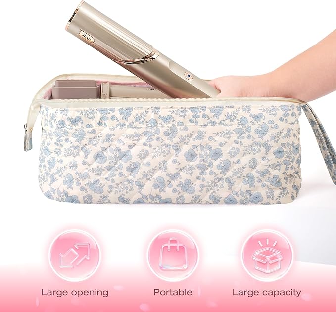 Quilted Hair Tool Travel Bag, Shark Flex Style Travel Case For Dyson Hair Dryer Airwrap Bag, Curling Iron Bags Quilted For Shark Dyson Revlon Organizer Accessories (Blue flowers)