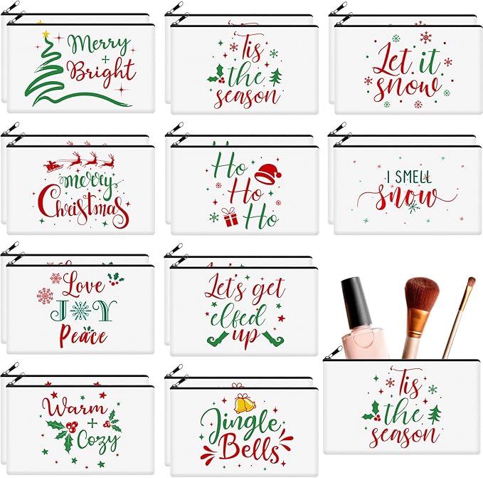Reginary 20 Pieces Christmas Cosmetic Bag Bulk for Women, Christmas Makeup Bags Gifts with Zipper Toiletry Bag Pouch Travel Accessory Organizer Xmas Gifts, 7 x 4.3 Inches