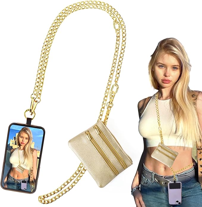 XANGNIER Clip and Go Strap for Phone with Wallet Crossbody, Phone Strap with Zippered Wallet, Adjustable Anti Theft Cellphone Lanyard for Women, Cellphone Chain Accessories, Chain Gold