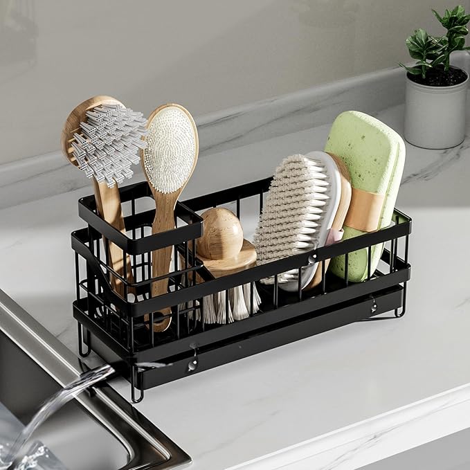 BGRQRIQ Large Sponge Holder for Sink, Stainless Steel Sink Caddy Organizer with Rotatable Spout - Kitchen Sink Organizer for Sponges, Brushes, Detergent & Sink Stopper - Space Saving Home Essentials