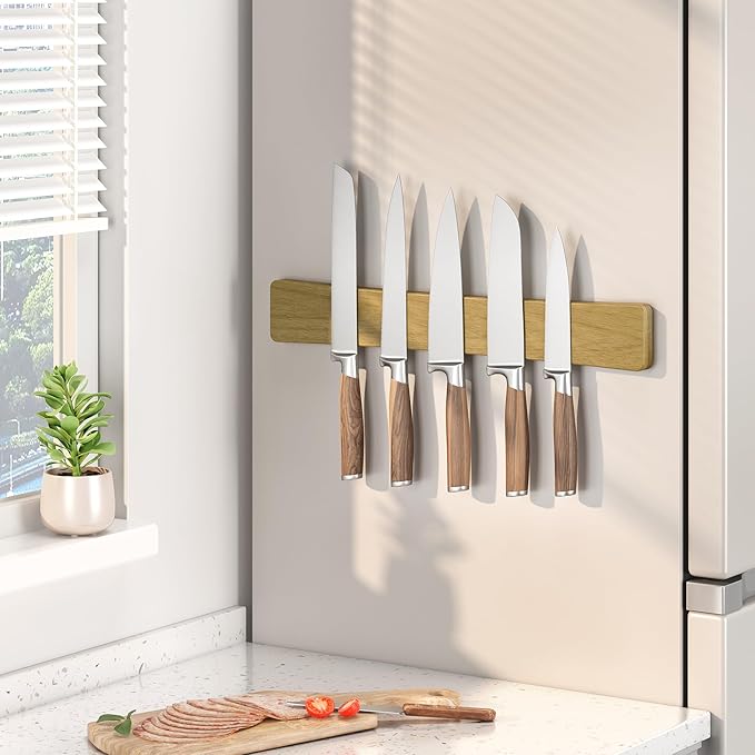 Magnetic Knife Holder for Wall, 16" Acacia Wood Knife Magnetic Strip No Drill Use as Tool Key Storage Knife Bar, Powerful Wall Mounted Knife Magnet for Refrigerator & Kitchen Utensil Organizer