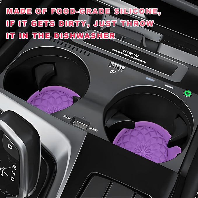 2 PCS Car Cup Holder Coasters, 2.75 Inch Anti-Slip Insert Silicone Car Coaster Drink Mat, Shockproof Universal Auto Cup Coasters for Most Vehicles, Car Interior Accessories (Dark Purple)