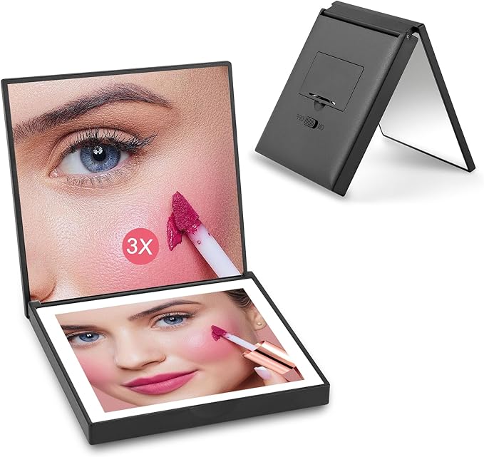 ALLROSE Compact Mirror, 1X/3X Magnifying Travel Mirror with Light Small Purse Mirror Pocket Mirror for Makeup, Mini LED Portable Handheld Makeup Mirror Travel Essentials Gifts for Women Girls, Black