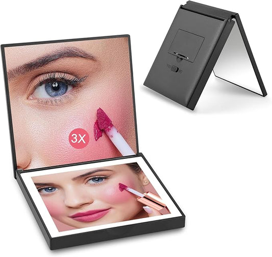 ALLROSE Compact Mirror, 1X/3X Magnifying Travel Mirror with Light Small Purse Mirror Pocket Mirror for Makeup, Mini LED Portable Handheld Makeup Mirror Travel Essentials Gifts for Women Girls, Black