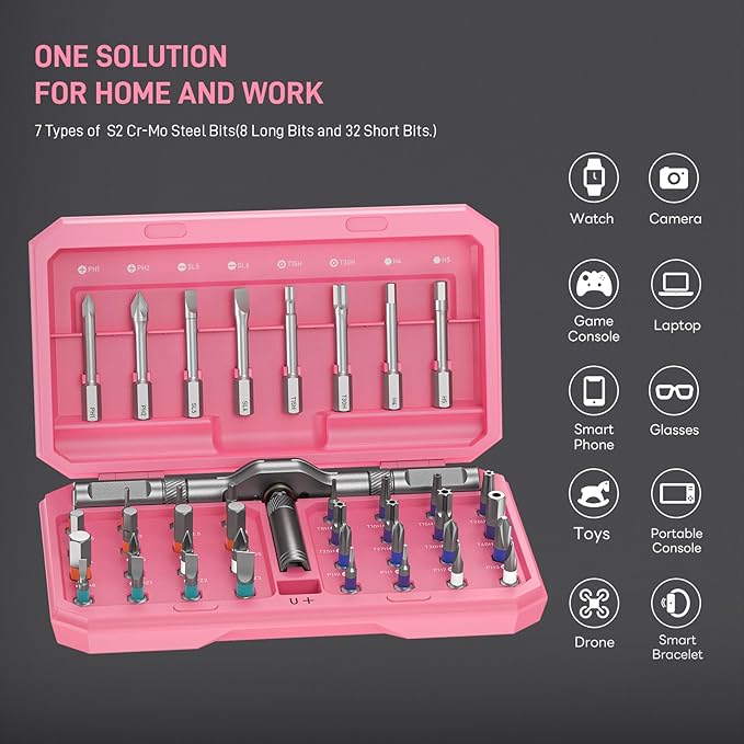 Professional 42-in-1 Magnetic Screwdriver Tool Kit - Multi-functional Precision Bits for PC, Camera, Smartphone, Furniture, Bike – Ideal for Electronics & Home Repairs, Pink