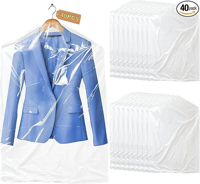 40 Pack Clear Garment Bags for Clothes, Gretchin,(Set of 40, 60x150cm), Clear Clothes Covers Plastic Garment Bags Dry Cleaner Bags Plastic Clear Dry Cleaning Bags for Hanging Clothes Storage