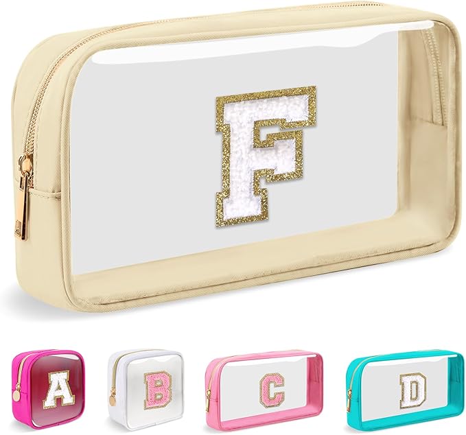 Small Clear Personalized Initial Makeup Bag,Nylon Preppy A-Z Chenille Letter Patch Cosmetic Pouch Beach Toiletry Bag,Waterproof Zipper Travel Purse Storage Bag Organizer for Women Girls(Beige-White F)