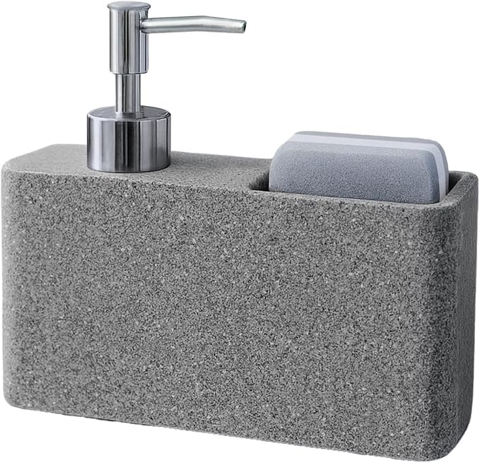 Havara Kitchen Soap Dispenser with Sponge Holder for Kitchen Sink, Hand Soap Pump & Sink Organizer, Granite Resin Non-Slip Countertop Caddy, Stone Gray