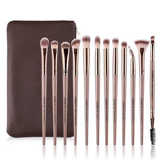 Z'OREYA Eye Makeup Brushes, 12 Pcs Professional Eye Brush Set Eyeshadow, Eyebrow, Blending, Fan, Eyelash Brush Set With Carrying Bag(Champagne Gold)
