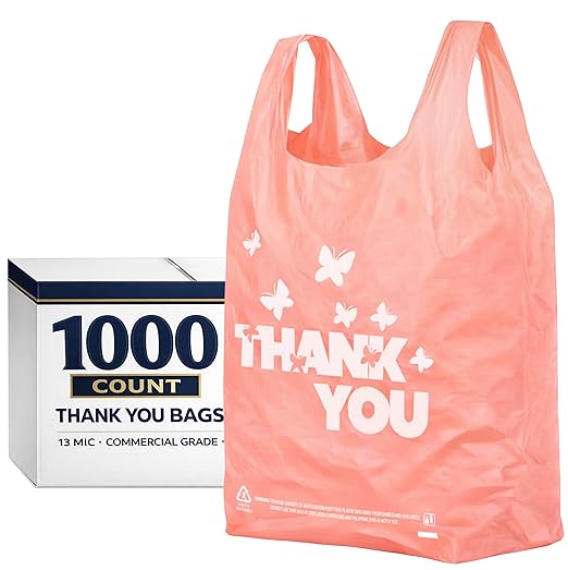YoYoRain PINK Thank you bags, 1000PCS T shirt bags, To Go Bags,Grocery bags, Reusable and Disposable,Perfect for Small Business,Take Out,Retails,11"x6"x21"(1000)