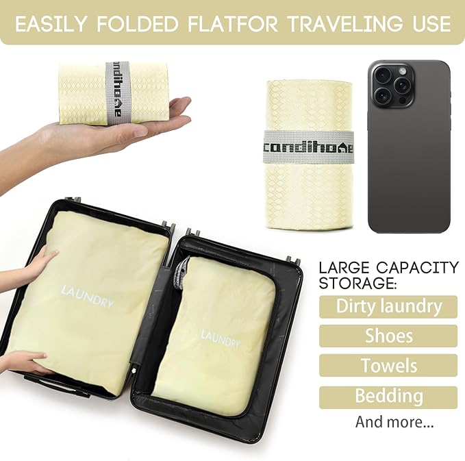 Travel Laundry Bag (2 Pcs - Large + Medium) - Foldable Waterproof Washable Wet Dry Bag for Gym, Swimming, Yoga, and Workout Perfect for Dirty Clothes, Bathing Suits, Travel Accessories (Beige)