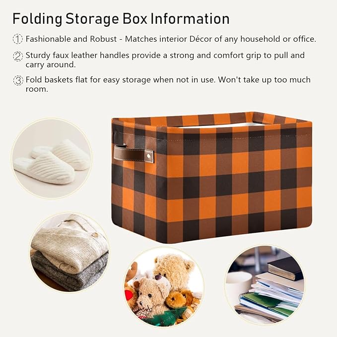 Aslsiy Storage Basket Orange Black Plaid Nursery Bins Baby Box Canvas Clothes Shelf Basket Laundry Hamper Gift Basket for Home Closet 1 Pcs