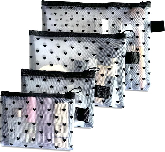 4-Piece Heart Printed Mesh Makeup Bag Set, Portable Travel Mesh Cosmetic Bags Toiletry Bags Makeup Purse Bags Mesh Zipper Storage Pouches for Home Offices Travel Accessories (White)