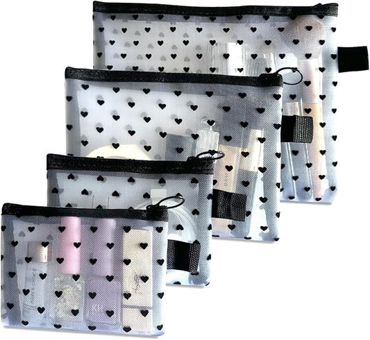 4-Piece Heart Printed Mesh Makeup Bag Set, Portable Travel Mesh Cosmetic Bags Toiletry Bags Makeup Purse Bags Mesh Zipper Storage Pouches for Home Offices Travel Accessories (White)