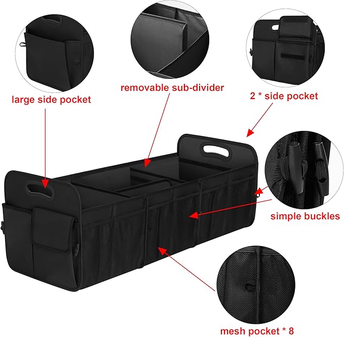 Femuar Large Capacity Trunk Organizer, Waterproof Car Accessory, Non-Slip, Foldable, Suitable for All Vehicles, Black