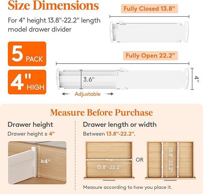 Lifewit 4" High 5 Pack Drawer Dividers, 13.8-22.5" Drawer Divider for Clothes, Adjustable Dresser Drawer Organizers, Plastic Drawers Separators for Clothes, Bedroom, Bathroom, Kitchen, Office