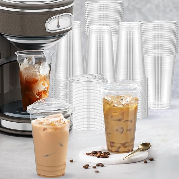 Dealusy 100 Pack - 24 oz Clear Plastic Cups with Lids, Sturdy & Food Safe Iced Coffee Cups with lids, Disposable Plastic Smoothie Cups for Cold Drinks, Sip Lids