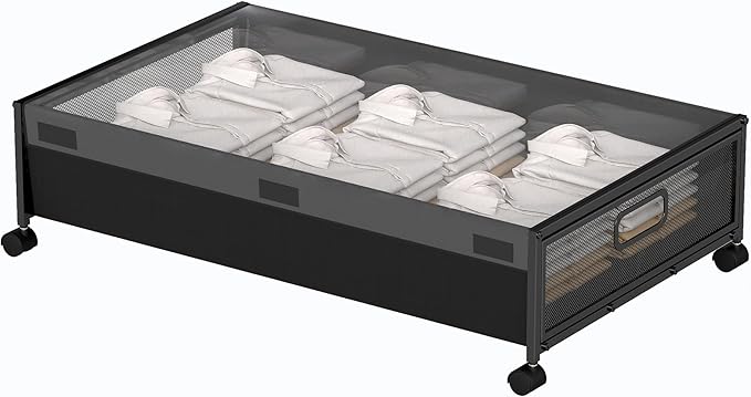 QUELIEN Under Bed Storage with Wheels – Large Rolling Underbed Storage Containers and Drawers, Shoe Organizer Box for Clothes, Toys, Blankets (Black, 1 Pack)