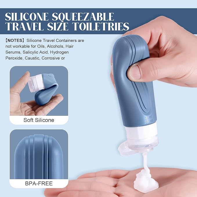 Travel Bottles for Toiletries, 3oz TSA Approved Travel Size Toiletries, Silicone Leak-Proof Refillable Containers, Squeezable Liquid Essentials Bottles W/Clear Bag (BLUE)