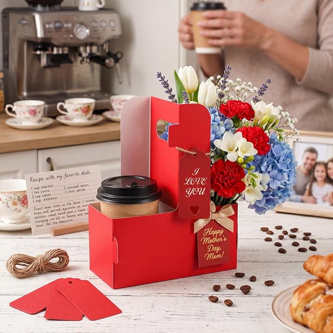 MotiMind 20 Pack Mother's Day 2 Cup Drink Carrier with Handle, Kraft Paperboard Teacher Cup Holder Portable for Hot Cold Drinks, Coffee Carrier Gift with Heart Card Rope (Red)