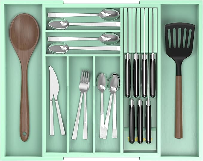 Bamboo Kitchen Drawer Organizer, Expandable Silverware Organizer with Removable Knife Block, 6-8 Slots - Utensil Holder & Cutlery Tray Drawer Dividers, 2.36" Deep for Extra Capacity, Cyan