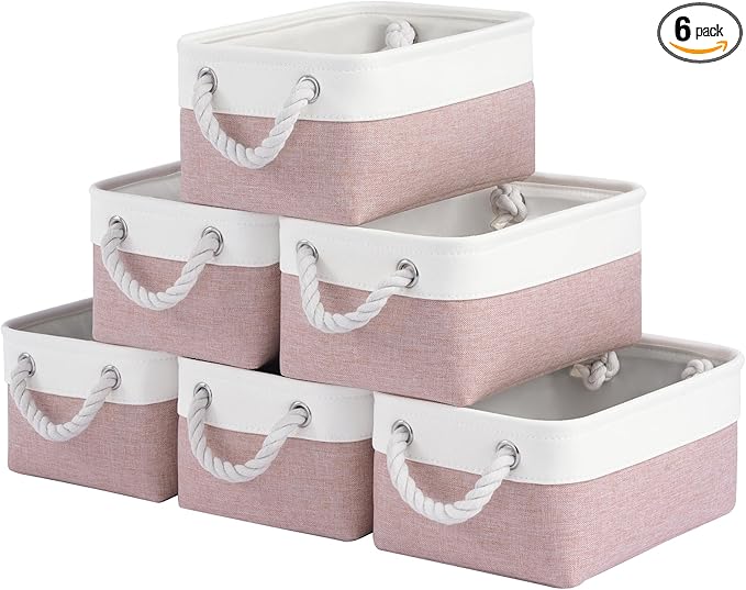 VQRTEXA Storage Baskets for Shelves 11.8x7.9x5.2 Inch, Foldable Fabric Storage Bins with Handles, Small Storage Baskets for Organizing Closet, Bathroom, Office, Home Organization (6-Pack, White&Pink)
