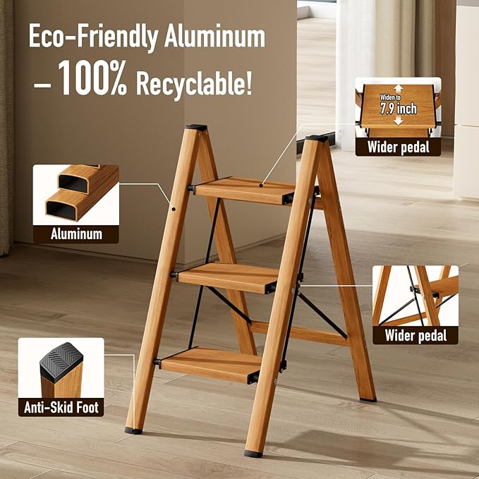 3 Step Ladder, Aluminum Folding Step Stool for Adults, Step Ladder with Wide Anti-Slip Pedal, 330 lbs Capacity for Home, Office, Kitchen, Library (Woodgrain)