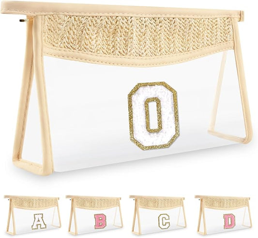 Personalized Initial Letter Bag Boho Straw Clear Makeup Bag, Small Cute Chenille Varsity Letter Pouch With Zipper, Beach Travel Toiletry, Portable Monogrammed Cosmetic Bag for Women Girls, O