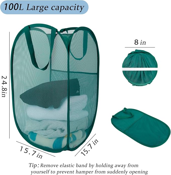 Upgraded 100L Extra Large Mesh Pop Up Laundry Basket With Handles, Light Breathable, Fold Compact, Large Hold Portable Foldable Dirty Clothes Basket For Bedroom, Laundry Room, Dorm, Hotel, Green.V