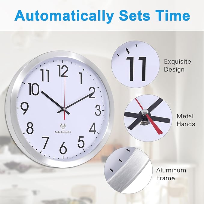 Atomic Analog Wall Clock, 14-Inch Radio-Controlled Automatically Setting Wall Clock, Aluminum Frame Wall Clock for Home, School, Office