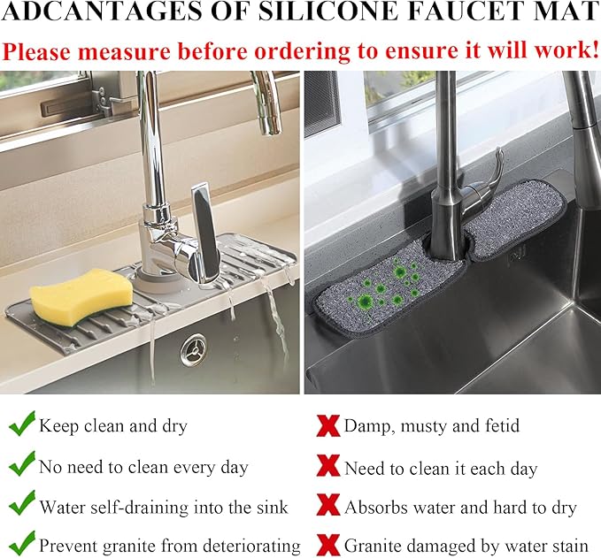Sink Splash Guard 14.4” x 5.4” - Sink Faucet Mat with Faucet Water Catcher Mat & Soap Dish & Sponge Holder 3 in 1 - Silicone Faucet Handle Drip Catcher Tray for Kitchen RV & Bar Faucet, Grey