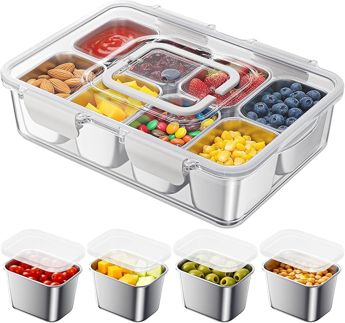 Snackle Box Container with 8 Removable Stainless Steel Compartments Divided Snack Tray with Portable Handle for Beach, Road Trip, Picnic, Boat Days, Ball Games, Pool and Parties