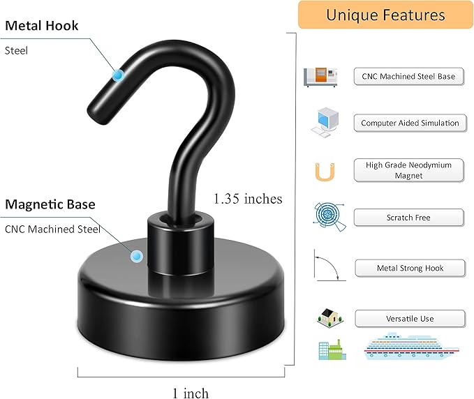 Neosmuk Magnetic Hooks, Cruise Ship Essentials, 26 lb, Black