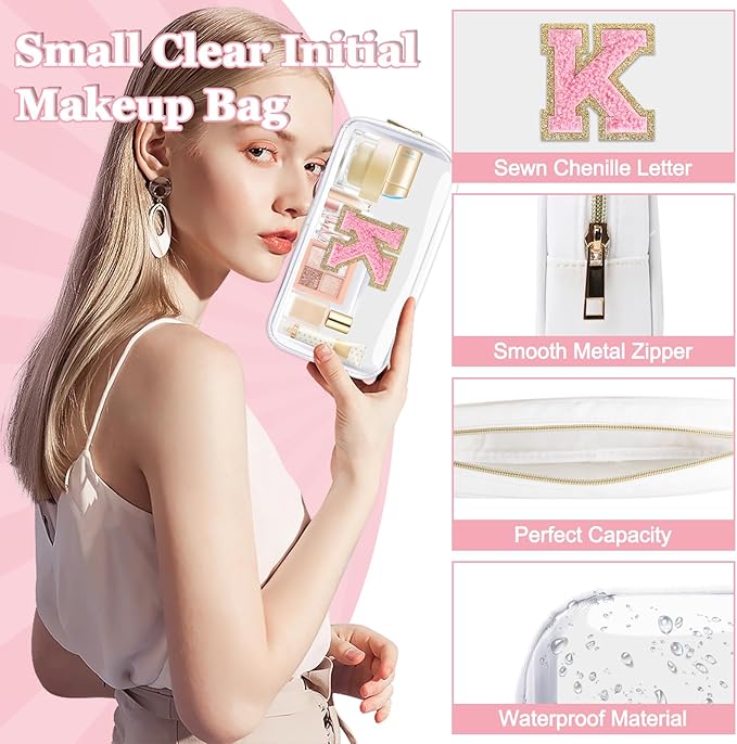 Small Clear Personalized Initial Makeup Bag,Nylon Preppy A-Z Chenille Letter Patch Cosmetic Pouch Beach Toiletry Bag,Waterproof Zipper Travel Purse Storage Bag Organizer for Women Girls(White-Pink K)