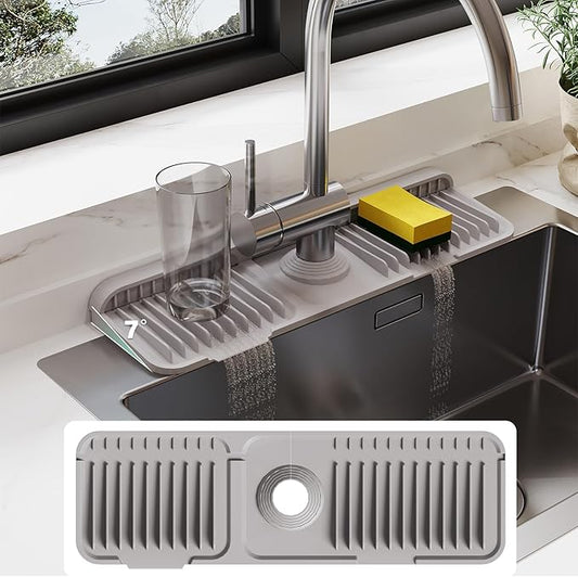 17.7 Inch Silicone Faucet Mat for Kitchen Sink Splash Guard - 7° Slope Water Draining Mat with Fasten Button for Bathroom Area (Gray, 17.7''x5.5'')
