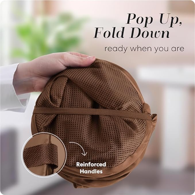 Handy Laundry Collapsible Mesh Pop Up Laundry Hamper with Side Pocket, Breathable & Space-Saving Foldable Basket for Clothes, Toys, Travel, Storage, 14 x 13 x 24 in, Brown