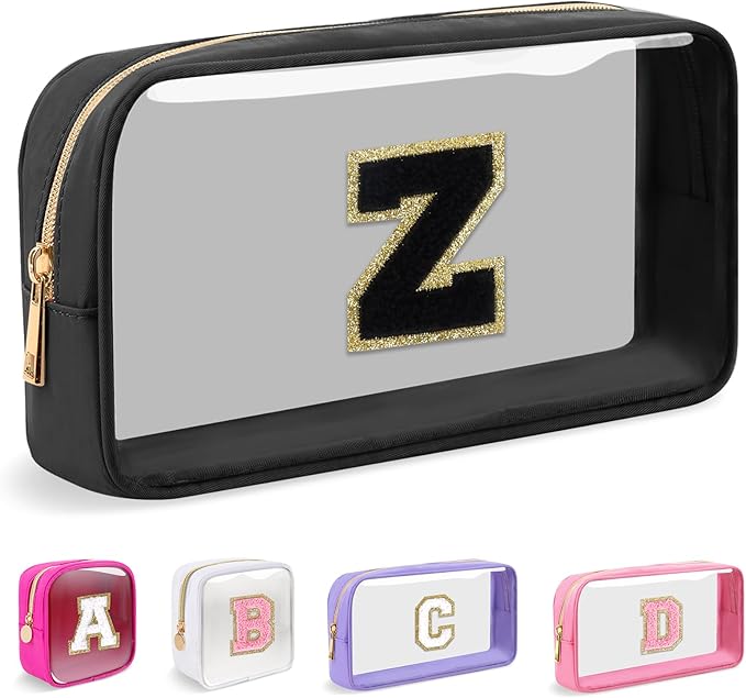 Small Clear Personalized Initial Makeup Bag, Preppy A-Z Chenille Letter Patch Cosmetic Bag, Cute Transparent Nylon Waterproof Zipper Beach Varsity Letter Pouch, Gift for Women Girls(Black-Black Z)