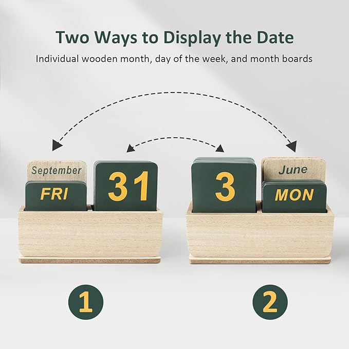 Wooden Block Perpetual Calendar for Desk, Daily Desktop Standing Flip Calendar with Large Display, Modern Farmhouse Aesthetic Desk Accessory for Home Office Decor, Reusable Yearly, Wood Grain