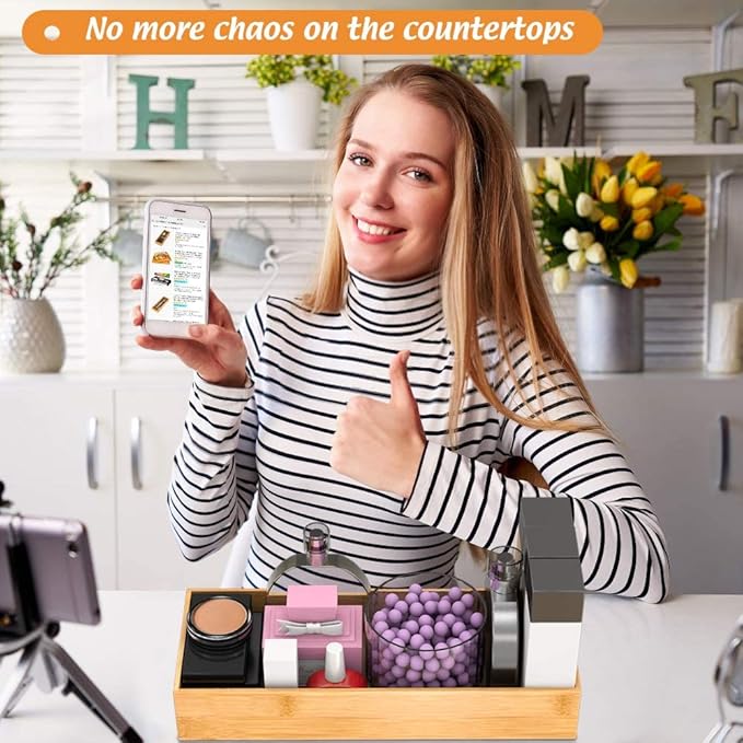 Bathroom Vanity Tray Organizer Bamboo, Small Wood Tray for Counter Kicthen Drawer, Rectangular Toilet Paper Storage Basket Box, Guest Sink Tray Decor, Bathroom Accessories 15" x 6" x 2.5"