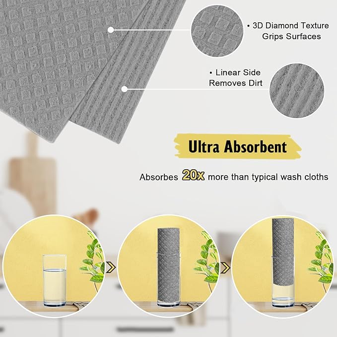 MoLKENE Swedish Dishcloths for Kitchen | 10 Pack Absorbent Cellulose Sponge Cloths Washable | Non-Scratch Reusable Paper Towels Quick Drying Cleaning Rag - Grey